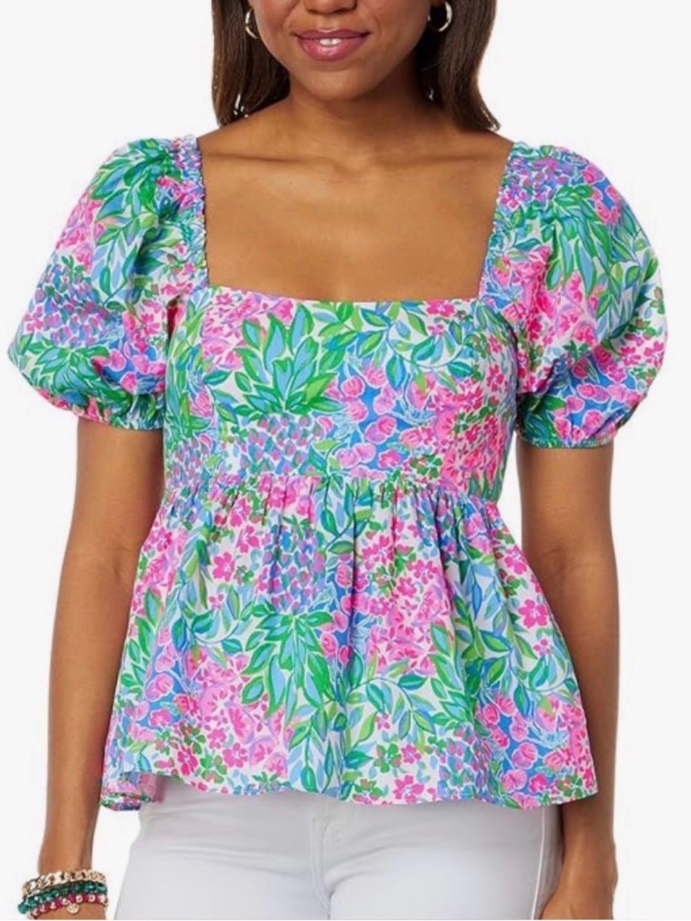 Lilly Pulitzer Pink, Green & Blue Floral Puff-Sleeve Peplum Top